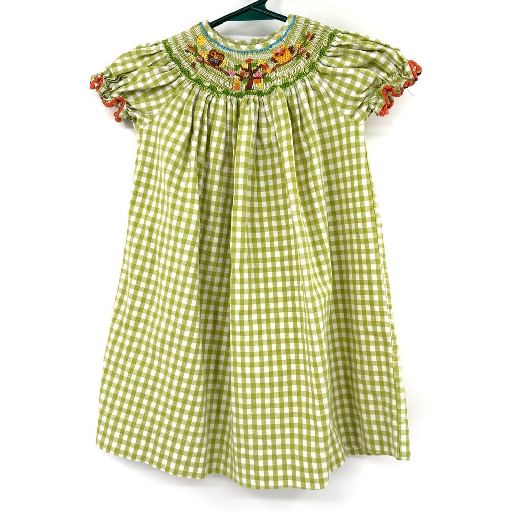 Be Mine‎ Size 3T Smocked Dress Green White Gingham Owl Tree Embroidered Design